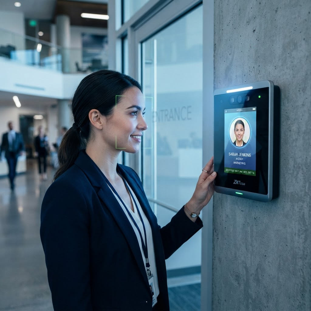 Reloj biométrico facial en entrada de planta