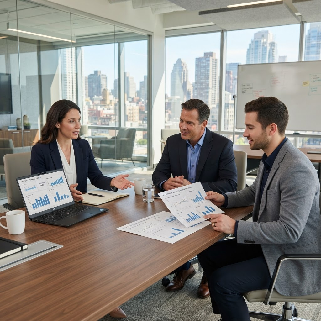 Consultores revisando reportes de gestión de tiempos con un cliente
