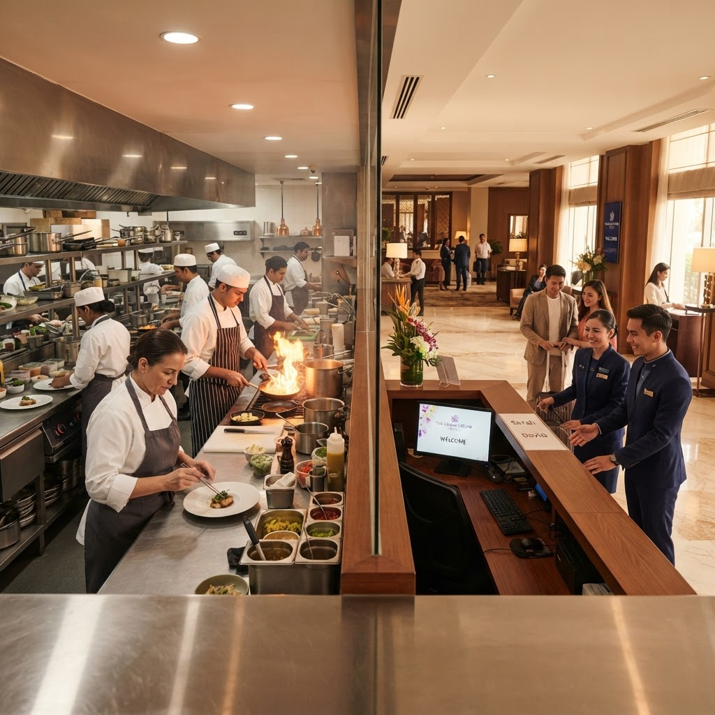 Cocina de restaurante con equipo trabajando en turno