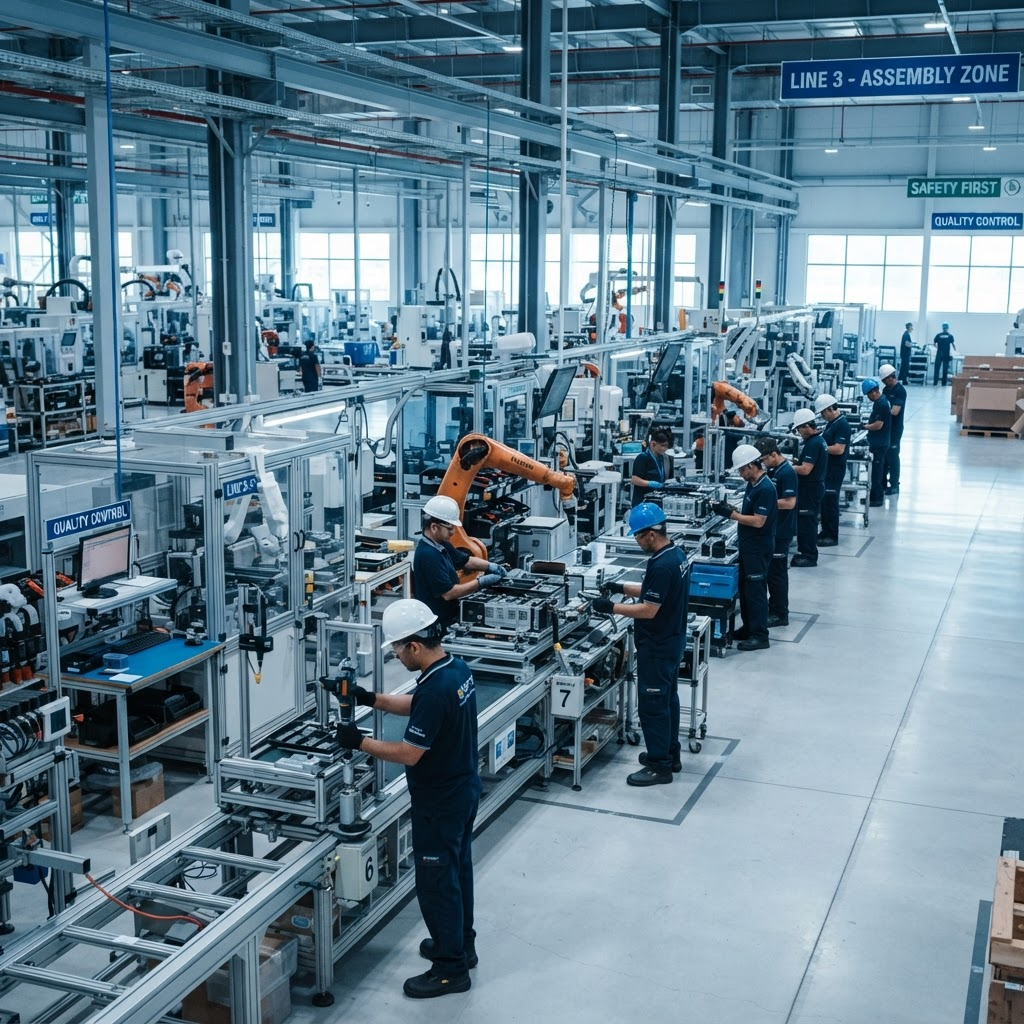 Planta de manufactura con operarios en línea de producción
