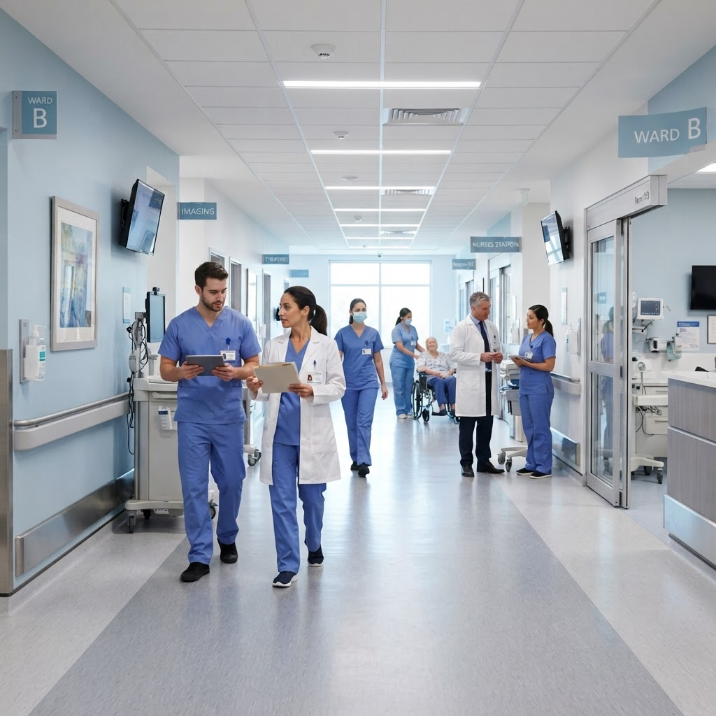 Enfermeras en pasillo de hospital en turno de noche