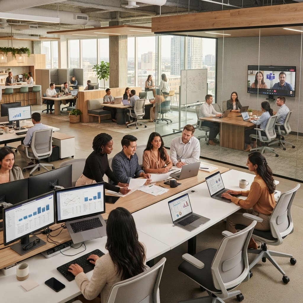 Oficina moderna con empleados trabajando