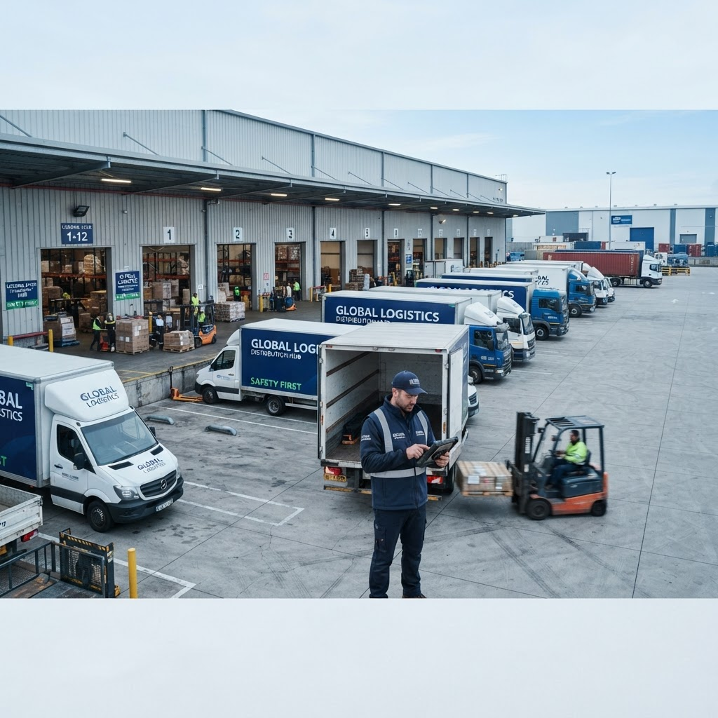 Flota de camiones en centro de distribución logística